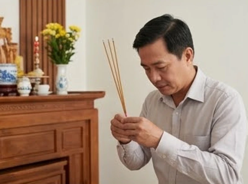 Gia chủ thành kính thắp ba nén nhang dâng lên bàn thờ thần linh trước khi báo cáo gia tiên tại nhà mới