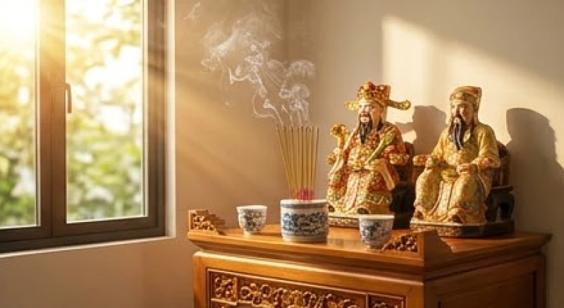 Nắng ban mai chiếu rọi góc thờ cúng Thần Tài khi gia chủ đang thắp những nén nhang đầu tiên trong ngày