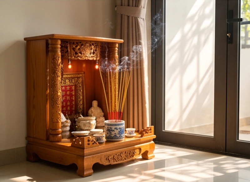 Ánh nắng ban mai chiếu rọi vào bàn thờ Thần Tài tĩnh lặng khi người chủ quán vừa dâng lên 5 nén nhang đỏ cầu may