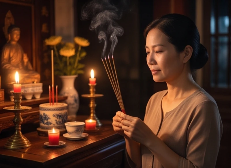 Người mẹ đang thành kính thắp hương trên bàn thờ gia tiên vào buổi tối để cầu may mắn cho con