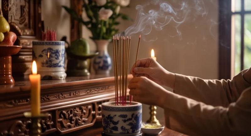 Đôi bàn tay cẩn thận cắm những nén nhang trầm đang tỏa khói mờ ảo lên bát hương gia tiên