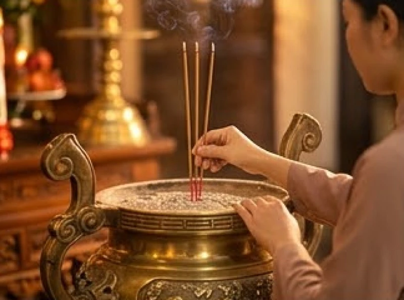 Người đi lễ kính cẩn thắp ba nén hương trầm trước hương án tại Ban Công Đồng