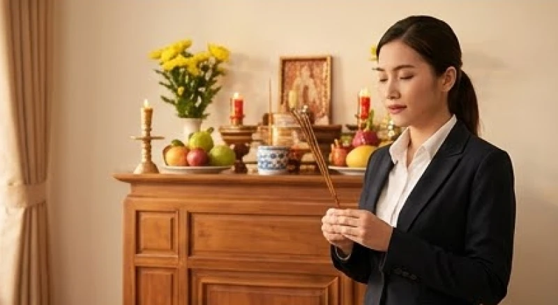 Văn khấn báo cáo gia tiên khi có việc làm mới: Bài cúng và lễ vật 4 Một người mặc trang phục công sở gọn gàng thắp nén nhang trước bàn thờ gia tiên vào sáng sớm