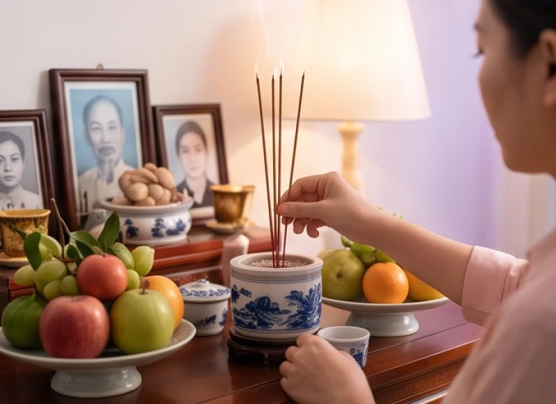 Bàn tay thành kính thắp nén nhang trên bàn thờ với ánh sáng thanh tịnh