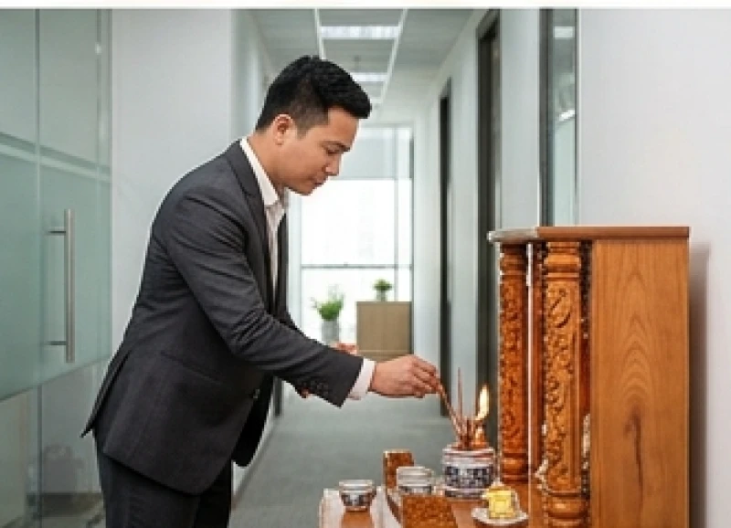 Giám đốc doanh nghiệp đang thắp hương tại bàn thờ Thần Tài vào khung giờ hoàng đạo buổi sáng