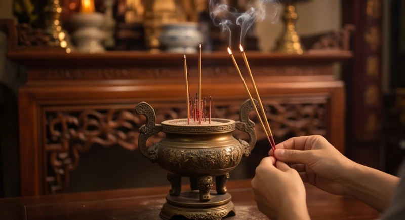 Mơ thấy đám ma người lạ: Giải mã theo bối cảnh và cảm xúc 6 Đôi bàn tay cẩn thận cầm nén nhang thắp trước lư hương thể hiện sự khiêm tốn và lòng thành kính sâu sắc