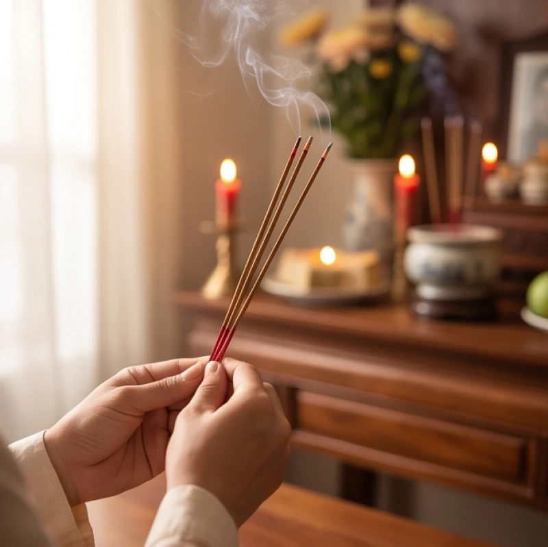 Văn khấn lễ tốt khốc chuẩn truyền thống: Bài cúng và cách xưng hô 2 Đôi bàn tay thành kính chắp nén nhang đỏ dâng lên bàn thờ trong nghi thức bớt khốc truyền thống