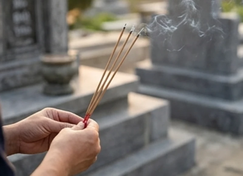 Gia chủ thành kính châm ba nén hương thắp tại bệ mộ, ngay trước khi thợ đá bắt đầu công đoạn trát vữa và đính keo