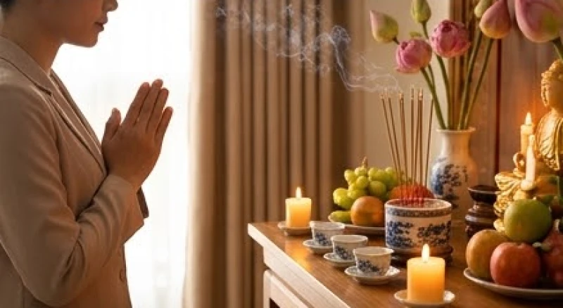 Người hành lễ chắp tay trang nghiêm, thành tâm xin phép Thổ thần bản gia trước khi mời Mẫu giáng lâm