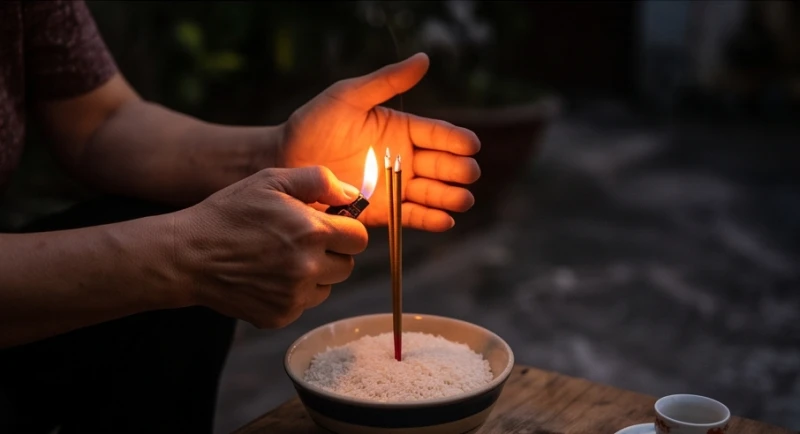 Văn khấn cúng thí thực hàng tháng: Bản chuẩn Phật giáo tại gia 6 Sử dụng bật lửa chắn gió cẩn thận châm lại phần ngọn của nén nhang bị tắt mà không rút chân nhang khỏi bát hương