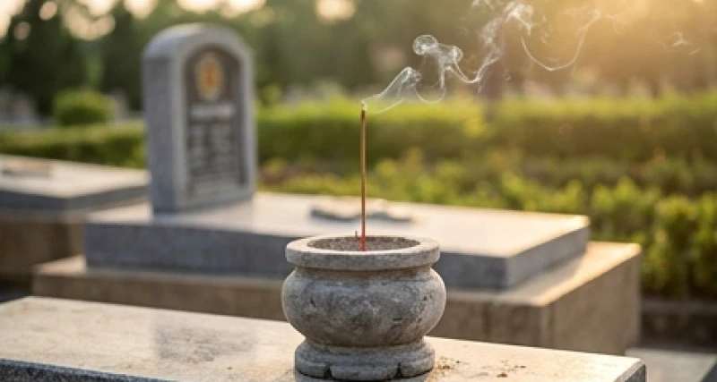 Một nén hương đang cháy nhẹ nhàng được cắm ngay ngắn trên lư hương của phần mộ liệt sĩ