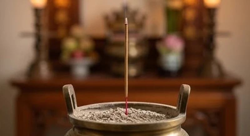 Duy nhất một nén nhang đang cháy sáng trên lư hương đồng, thể hiện lòng thành kính và sự tập trung cầu nguyện bình an