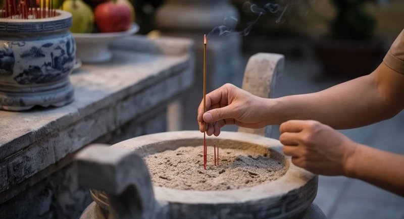 Khách hành hương thành kính chắp tay thắp duy nhất một nén nhang trên bát hương trước mộ phần liệt sĩ