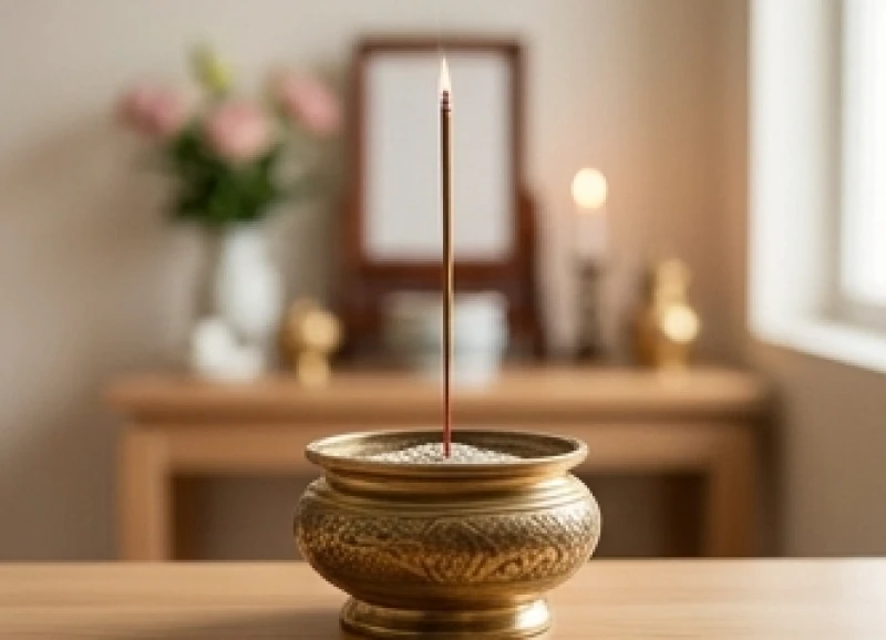 Bát hương trên án gian thờ được cắm duy nhất một nén nhang cháy đỏ rực trong ngày rằm, mùng một
