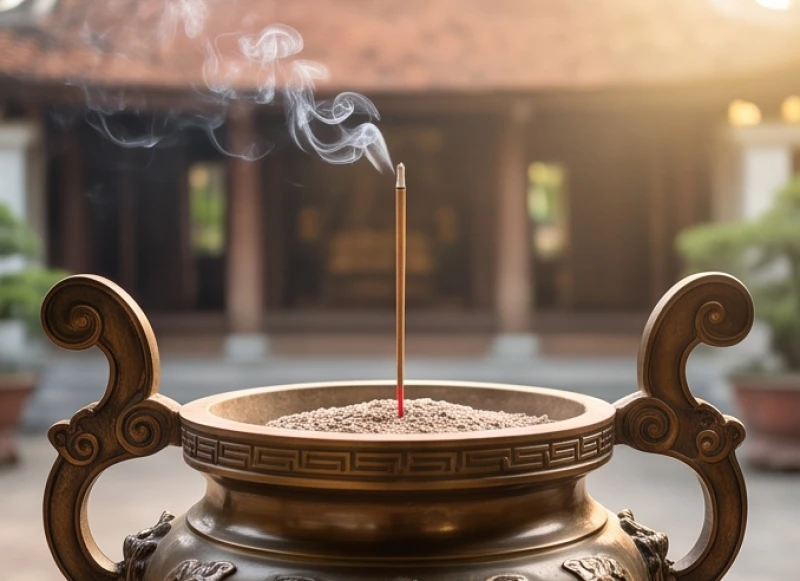 Một nén nhang trầm duy nhất được cắm thẳng đứng vào chiếc lư hương lớn bằng đồng đặt ngoài sân chùa