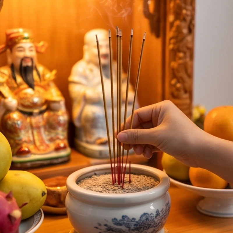 Bàn tay gia chủ cẩn thận cắm năm nén nhang cháy đỏ vào bát hương chính giữa mâm lễ tươm tất