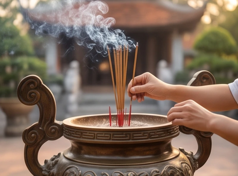 Người hành hương dùng hai tay cắm nén hương vào chiếc lư lớn bốc khói nghi ngút