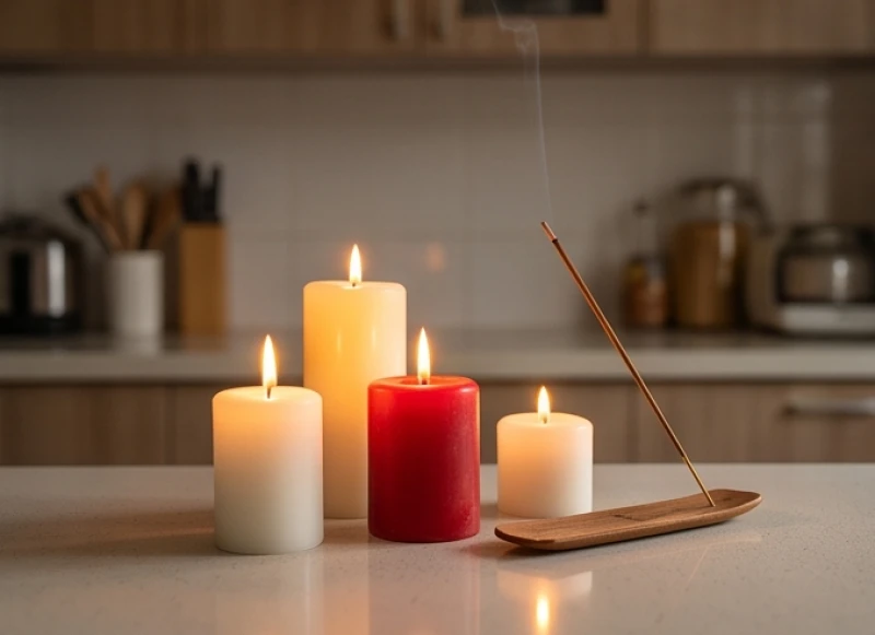 Ngọn nến trắng và đỏ được thắp sáng trên bệ bếp giúp xua tan tà khí sau sự cố cháy khét