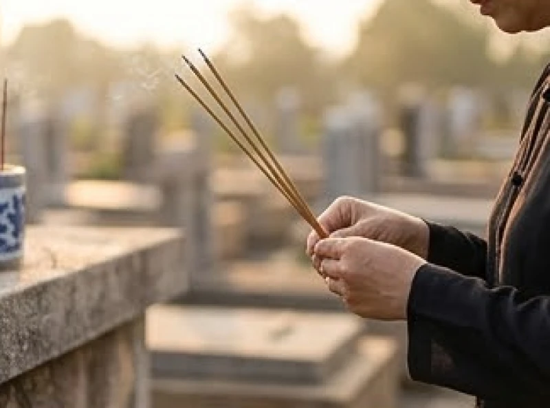 Văn khấn 49 ngày ngoài mộ: Trình tự dâng lễ và 2 bài cúng chuẩn 6 Hai bàn tay chắp lại thành kính thắp ba nén nhang thơm dâng lên ban thờ Thần linh tại khu mộ
