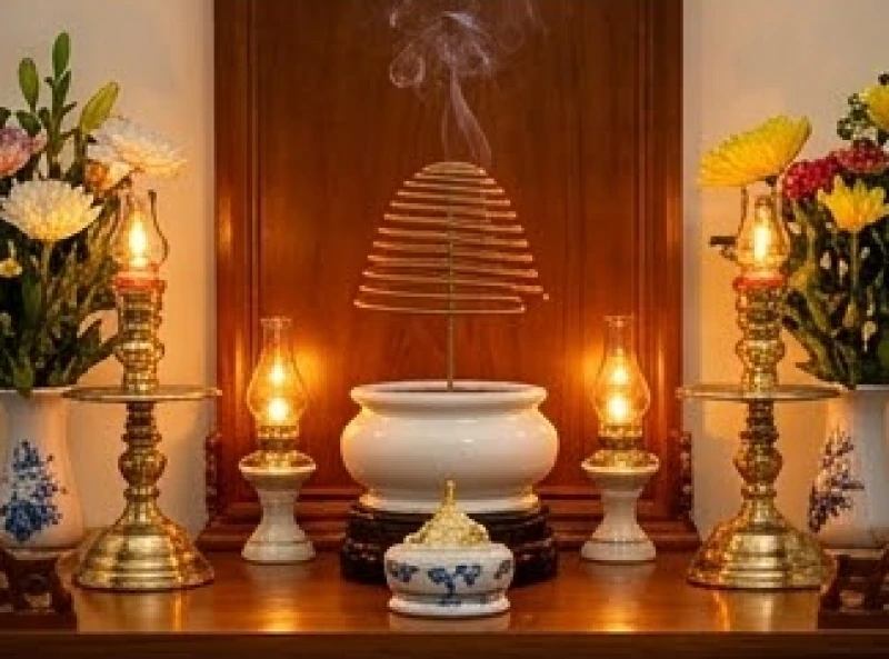 Bàn thờ Thần Tài Thổ Địa sáng đèn với nén nhang vòng đang cháy tỏa khói nhẹ trong chu kỳ 100 ngày