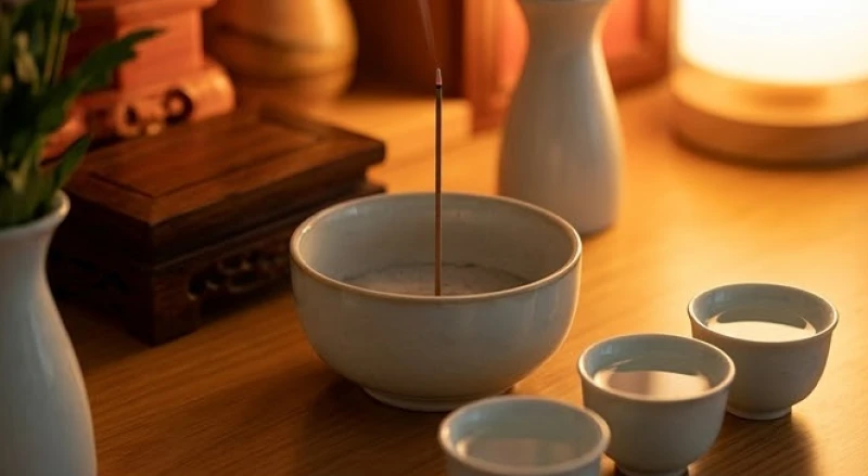 Một nén nhang trầm đang cháy sáng nhẹ nhàng trên bát hương mới giữa không gian ban thờ tĩnh lặng