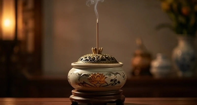 Bát hương trầm tỏa khói nhẹ nhàng trên ban thờ gia tiên với ánh đèn lồng ấm cúng và thanh tịnh