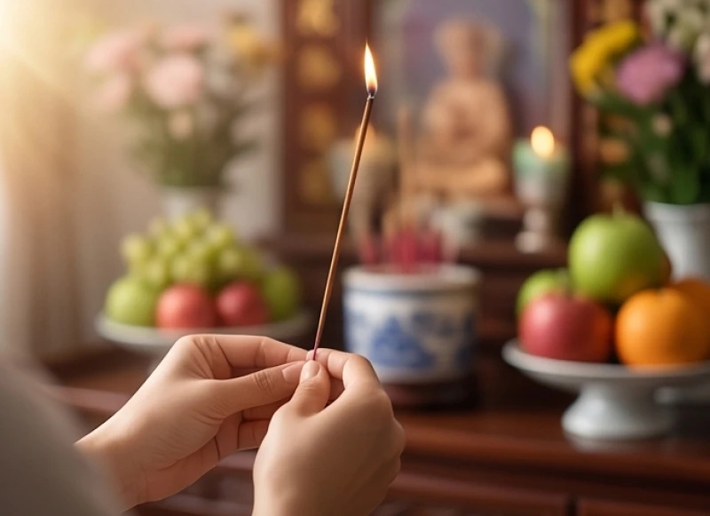 Bàn tay thành kính thắp nén nhang trên bàn thờ gia tiên, gửi gắm sự thanh thản và bình an đến vong linh người quá cố