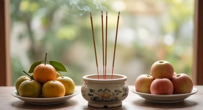 Ba nén nhang đang cháy đỏ rực được cắm ngay ngắn trên bát hương gia tiên bằng gốm sứ