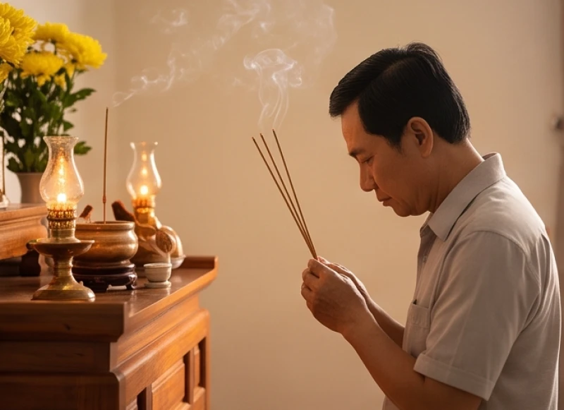 Người cha đang chắp tay dâng ba nén nhang cháy đỏ rực lên bát hương giữa làn khói mờ ảo thanh tịnh