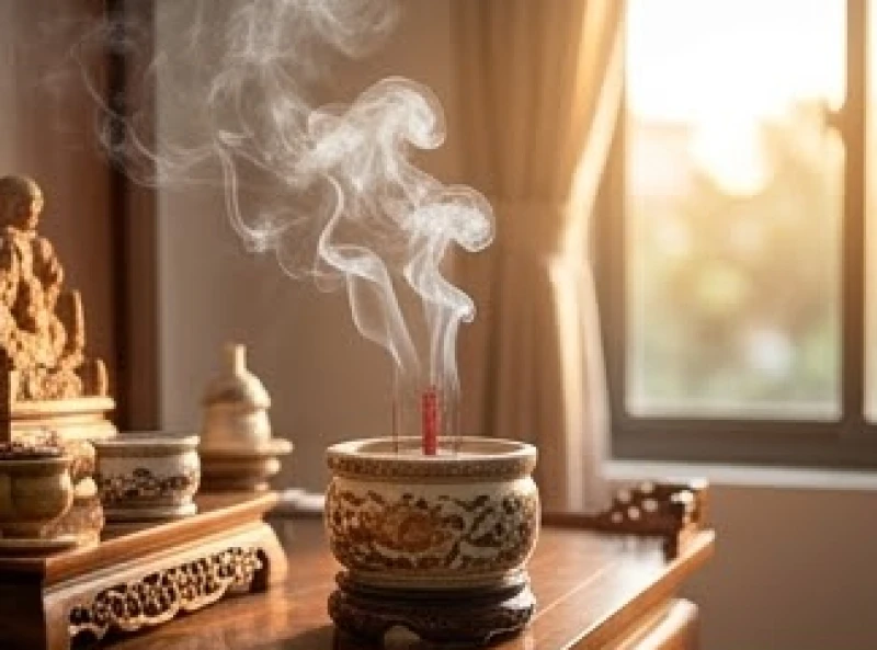 Khói hương trầm nghi ngút bay lên từ bát nhang trên bàn thờ Thổ Công mang lại cảm giác thanh tịnh và thiêng liêng