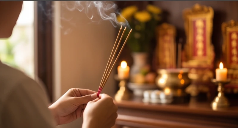 Thứ tự khấn thần linh và gia tiên: Quy trình chuẩn tránh phạm kỵ 6 Gia chủ chắp tay cẩn thận thắp ba nén nhang dâng lên bát hương Thần linh ở chính giữa bàn thờ trong ngày rằm mùng một