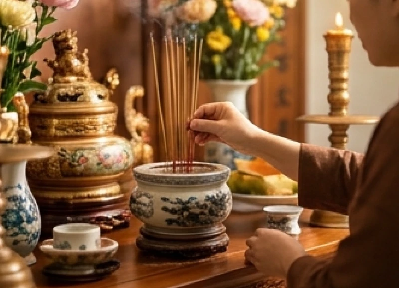 Đôi bàn tay thành kính cắm những nén nhang thơm vào bát hương trên ban thờ Thổ Địa