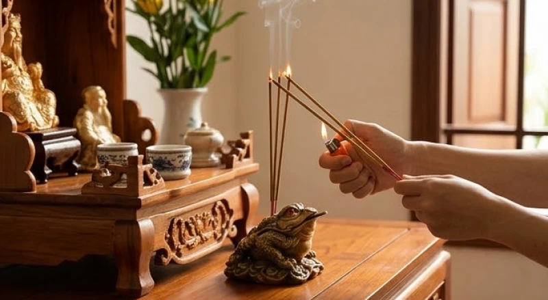 Bàn tay gia chủ đang thắp nhang và chú ý góc xoay của Ông Cóc trên bàn thờ