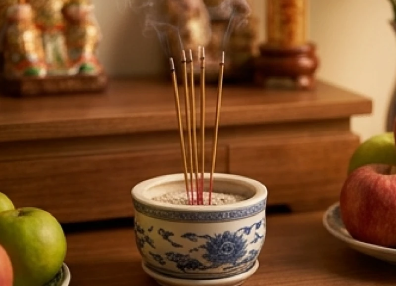 Năm nén nhang cháy sáng trên bát hương đặt tại bàn thờ Thần Tài Thổ Địa trong nghi lễ an vị