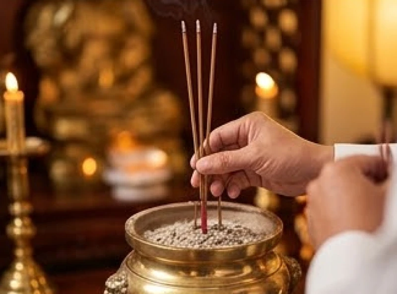 Đôi bàn tay thành kính cắm ba nén nhang thẳng đứng vào bát hương trên ban thờ