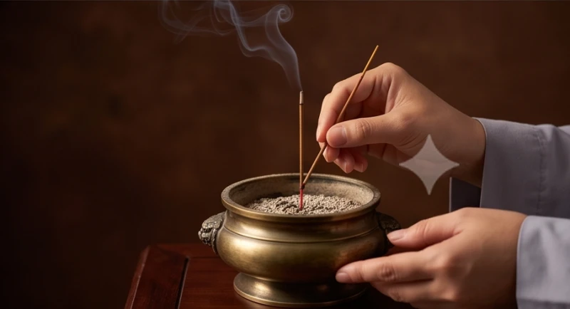 Đôi bàn tay cẩn thận thắp lại nén hương mới trên chiếc lư hương bằng đồng cổ kính đang tỏa khói nhẹ nhàng