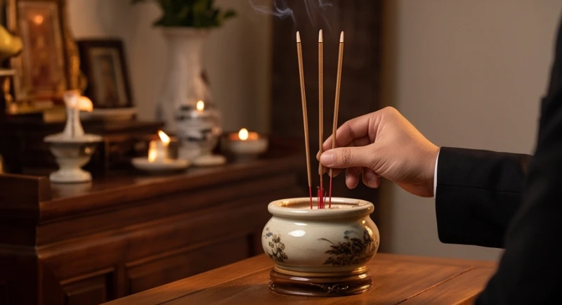 Người nhà cẩn thận cắm 3 nén nhang thẳng đứng vào bát hương trên bàn thờ