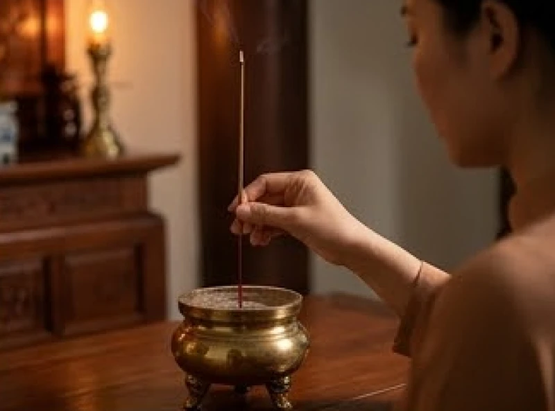 Gia chủ thành tâm thắp nhang trên ban thờ vào buổi tối để cầu bình an cho cả gia đình