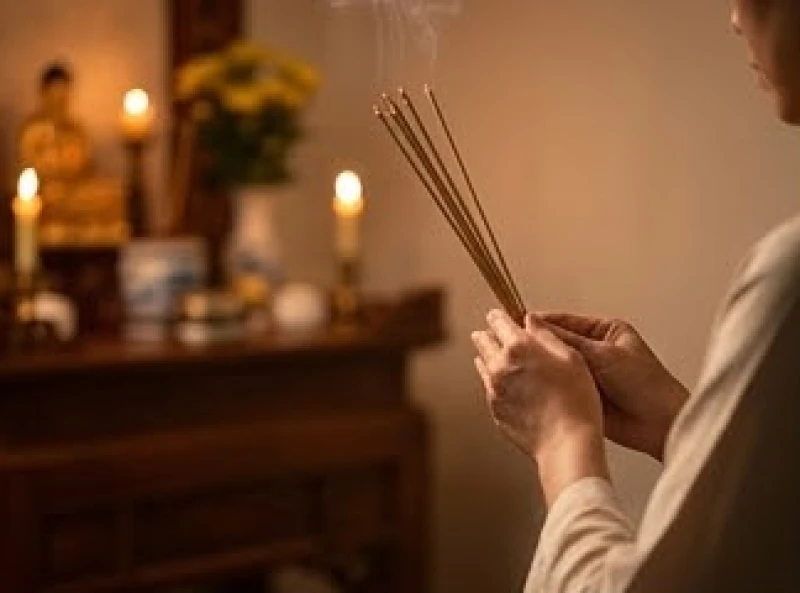 Người đang thắp nhang cầu nguyện thành tâm mong sự bình an và hòa hợp trong cuộc sống