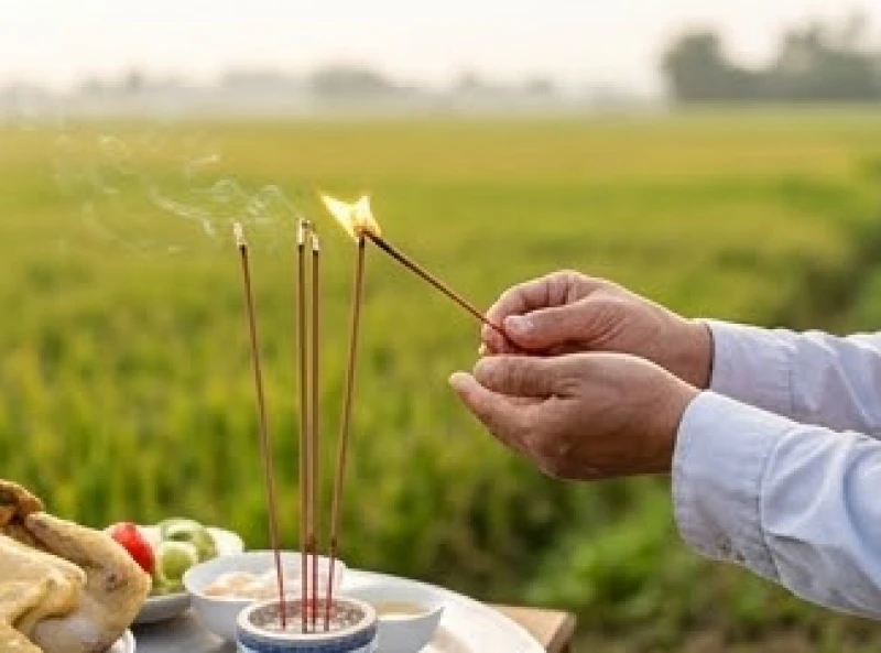 Đôi bàn tay cẩn thận che gió để thắp ba nén nhang trên mâm cúng đặt giữa cánh đồng