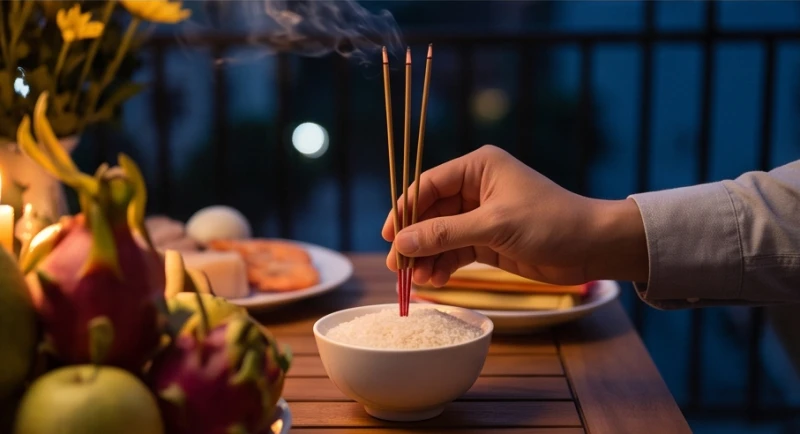 Văn khấn cúng Tam Tai tại nhà: Trình tự bài bản và cách hóa giải 7 Gia chủ cắm ba nén nhang thẳng đứng vào bát hương trên mâm lễ