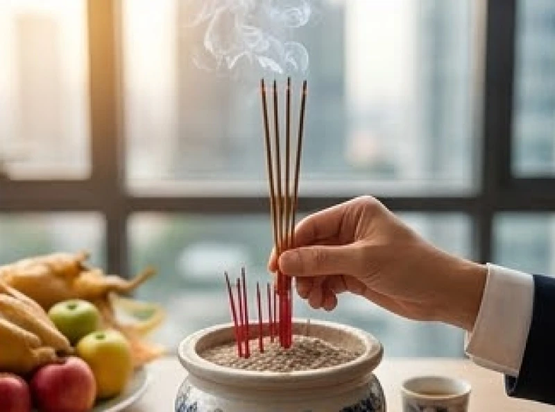 Văn khấn tất niên tại công ty: Bài cúng chuẩn không lẫn gia tiên 10 Hai bàn tay cẩn thận cắm những nén nhang đỏ đang cháy vào bát hương trang nghiêm