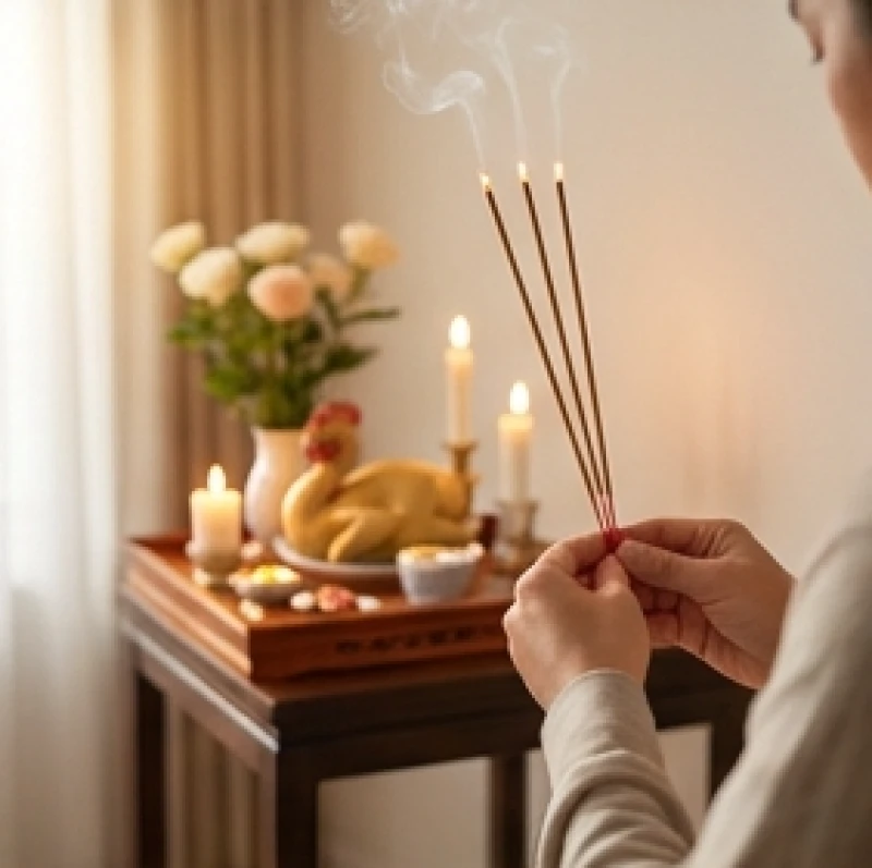 Văn khấn nhập trạch lấy ngày: Bài cúng chuẩn và quy trình tượng trưng 6 Gia chủ đứng trang nghiêm châm ba nén nhang dâng lên mâm cúng Thần linh thổ địa