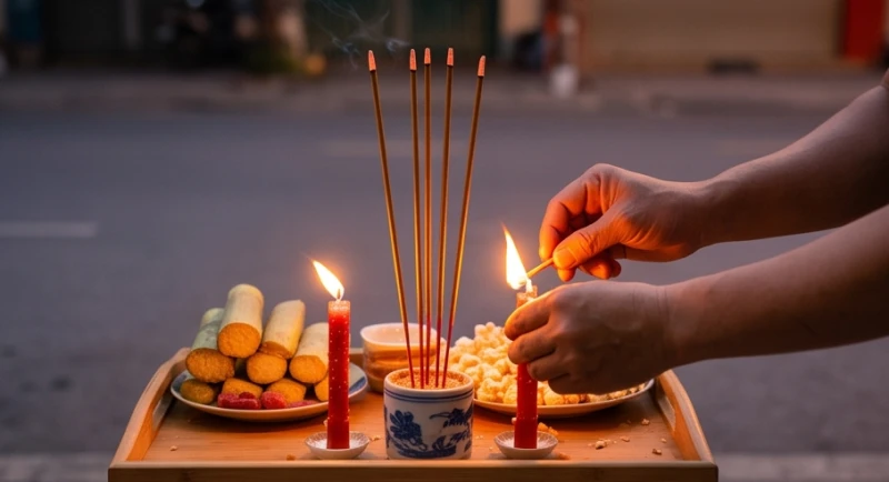 Hành động thắp nhang và châm đèn trước khi bắt đầu đọc văn khấn cúng cô hồn tại cửa hàng kinh doanh