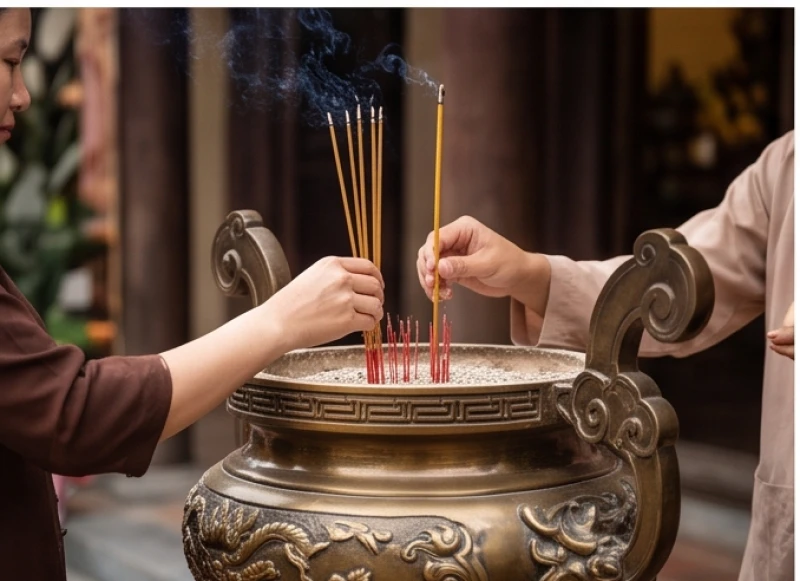 Tín chủ thành tâm thắp nén nhang và chắp tay ngang ngực khi bắt đầu đọc bài tấu trình