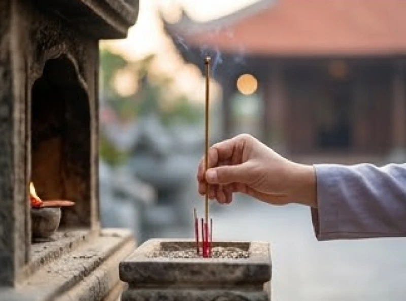 Hành khách cẩn thận thắp một nén nhang tại các ban phụ xung quanh Điện Bà Tây Ninh