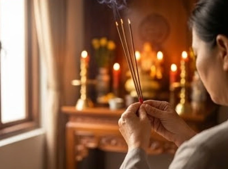 Gia chủ thành tâm dâng nhang trước khi tụng bài văn khấn bao sái bàn thờ gia tiên