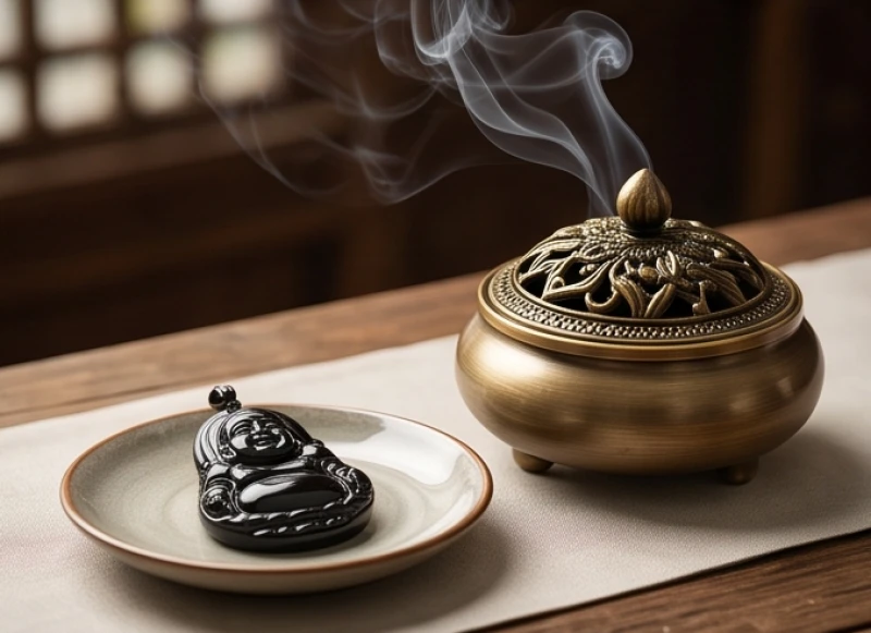 Cách chọn Phật bản mệnh theo tuổi chuẩn Ngũ hành & tra cứu nhanh 9 Bàn thờ nhỏ bài trí đĩa sứ đựng mặt dây chuyền phong thủy bên cạnh khói nhang trầm hương thanh khiết tỏa ra