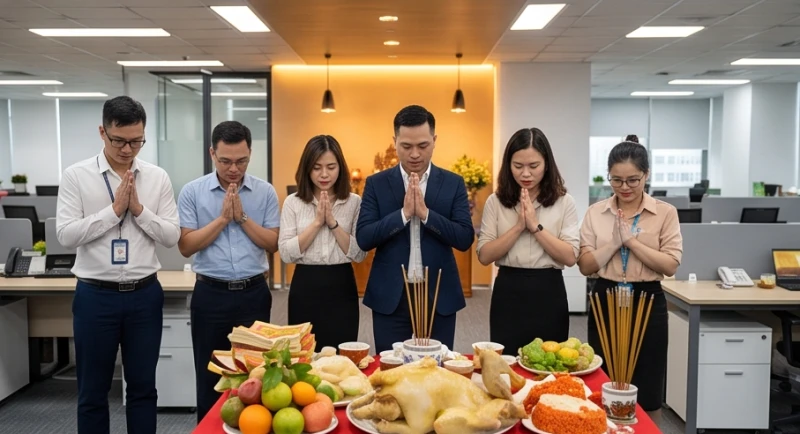 Nhân viên chắp tay vái lạy sau khi sếp hoàn tất bài văn khấn khai trương văn phòng cầu tài lộc