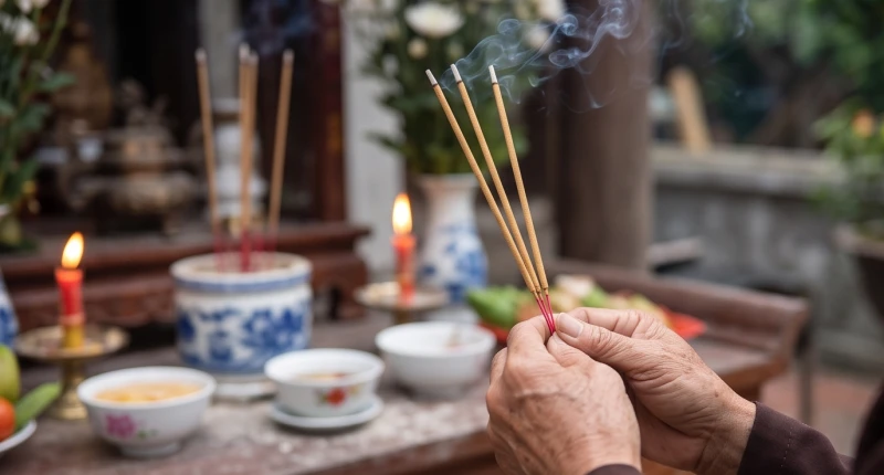 Bàn tay thành kính thắp ba nén nhang trước linh án ngoài trời để thực hiện cúng sao tử vi tuổi tý năm 2027